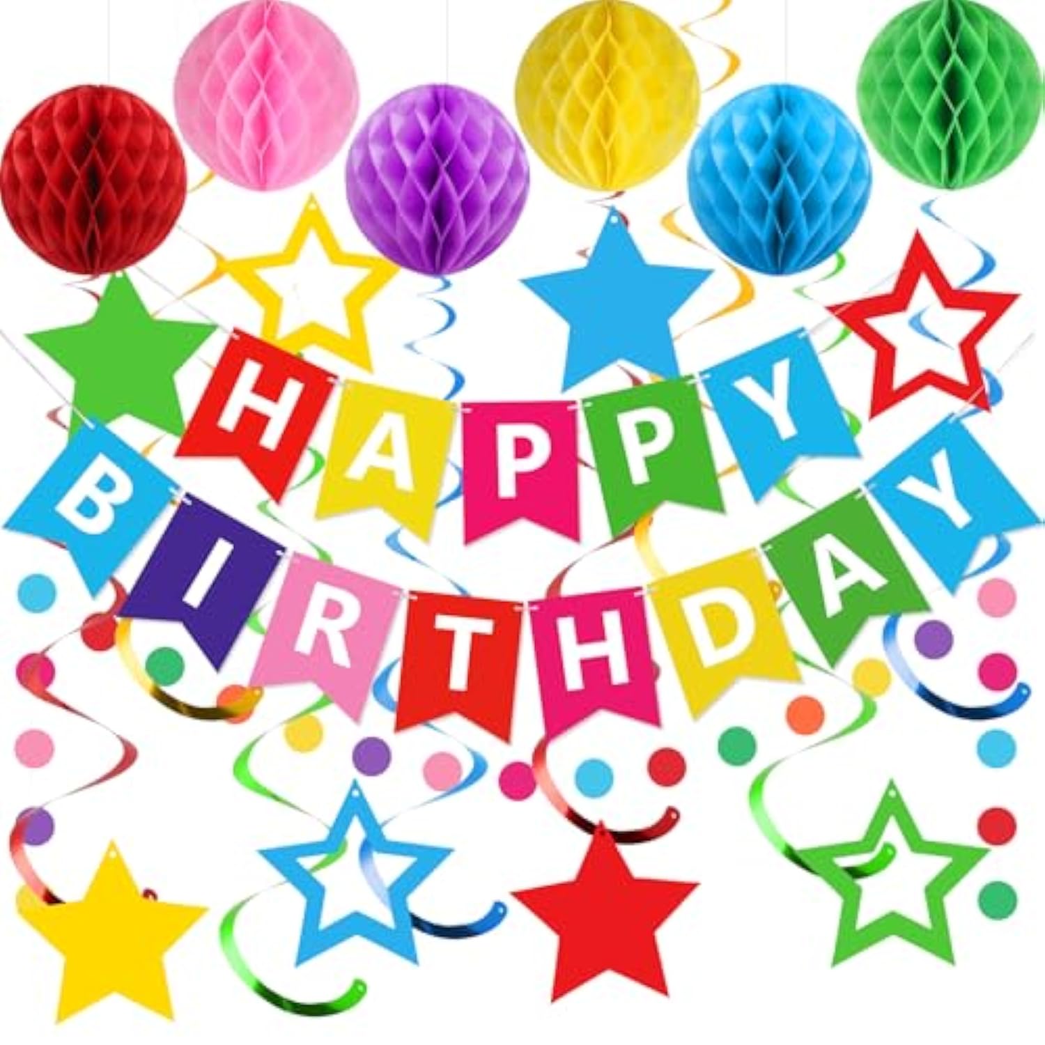 Birthday Decorations, Happy Birthday Banner With Honeycomb Balls, Stars Hanging Swirls Streamers, Circle Dots Garland, Happy Birthday Party Decorations For Women Men Boys Girls (Rainbow)