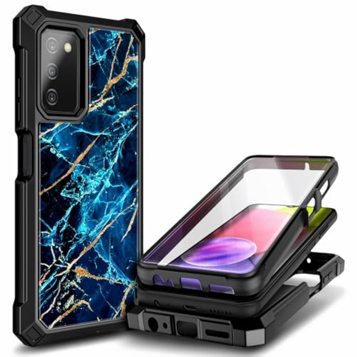 Case For Samsung Galaxy A03S With [Built-In Screen Protector], Full-Body Protective Shockproof Rugged Bumper Cover, Impact Resist Phone Case (Marble Design Sapphire)