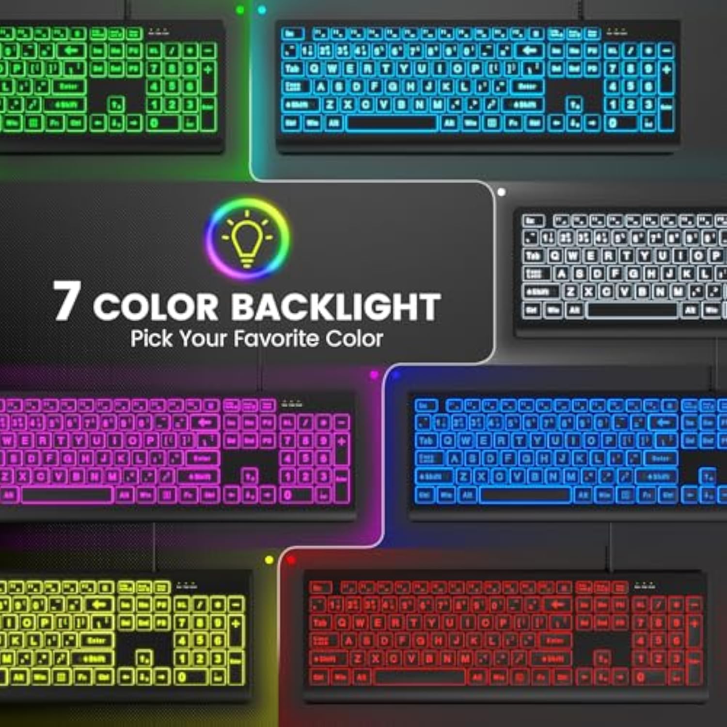 Large Print Backlit Keyboard, Wired Usb Lighted Computer Keyboard With 7-Color