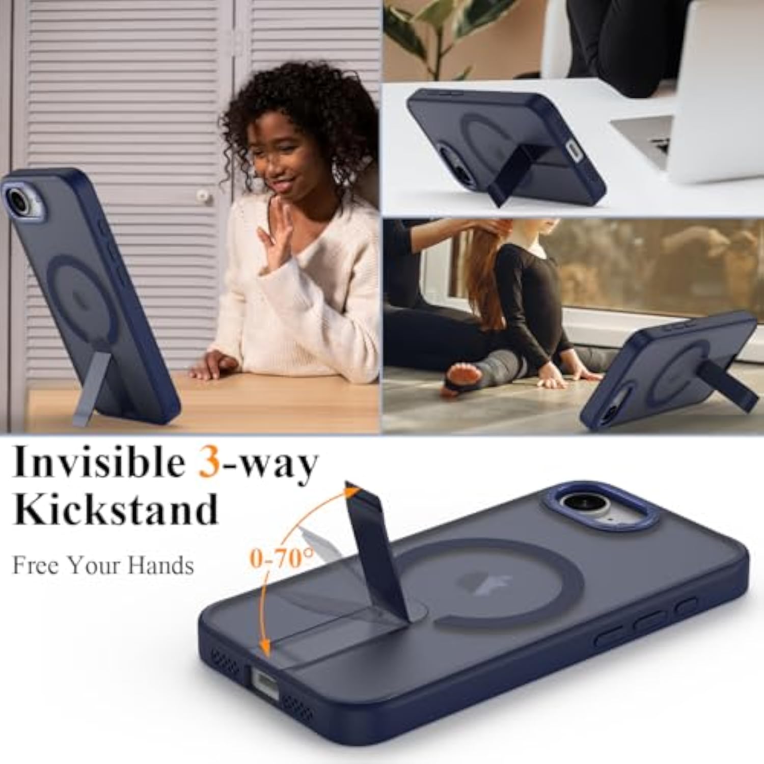 Magnetic For Iphone 16E Case With Screen Protector,[Compatible With Magsafe],[Skin Feeling],Slim Adjustable Kickstand Phone Case For Iphone 16E 6.1 Inches 2025,Dark Blue