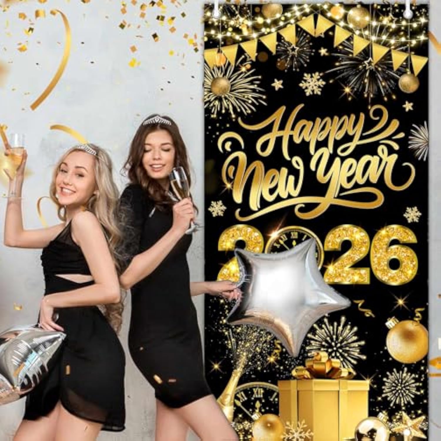 Black Gold New Year 2026 Door Cover Large NYE Front Door Banner Backdrop