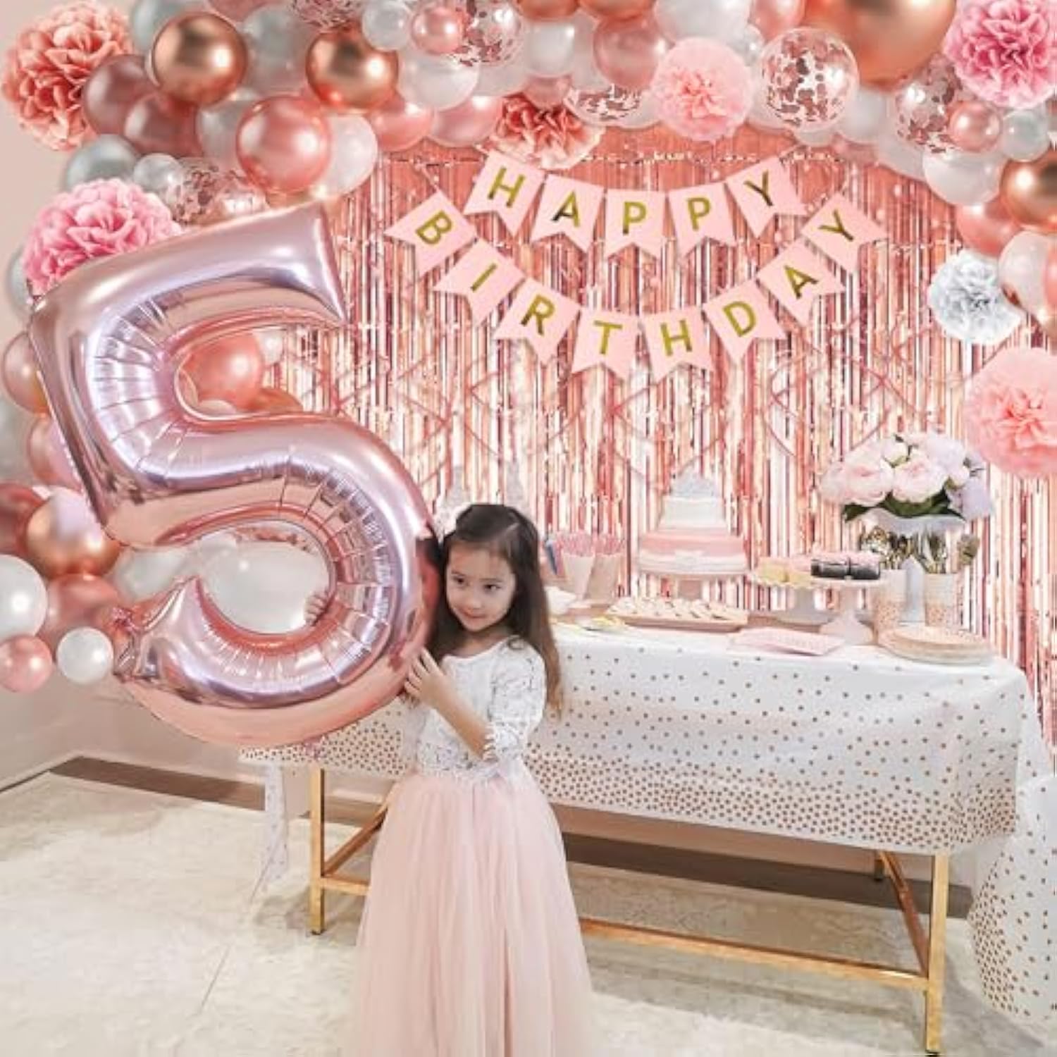 Rose Gold Birthday Decorations For Women Girl, Happy Birthday Banner Fringe Curtains Balloons Tissue Paper Pom Poms Hanging Swirl Birthday Party Décor