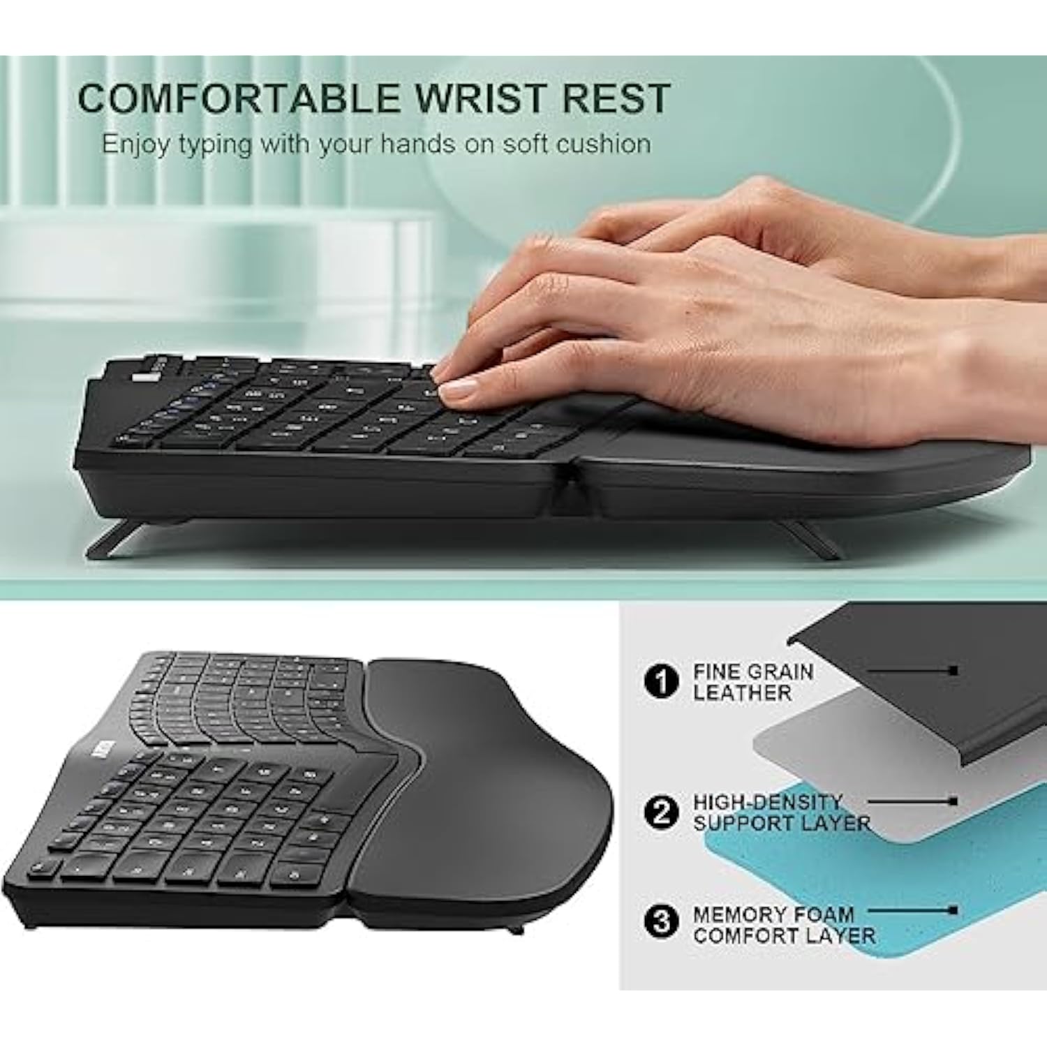 Split Ergonomic Keyboard With Cushioned Wrist And Palm Rest, 2.4G Usb Wireless