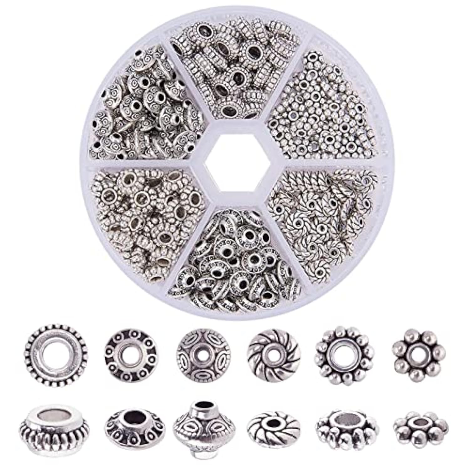 300pcs Antique Silver Spacer Beads – 6 Styles Tibetan Alloy for Jewelry DIY