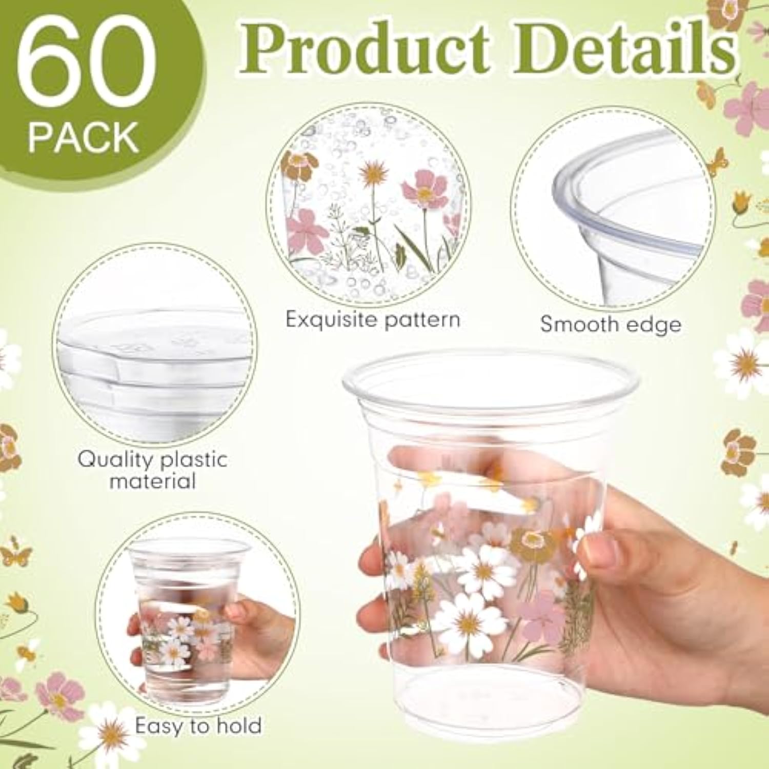 60 Pcs Flower Spring Summer Disposable Cups 16 Oz Floral Wildflowers Plastic Drinking Cups For Summer Spring Birthday Baby Shower Party Supplies(Boho)