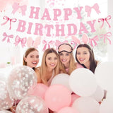 Pink Bow Happy Birthday Banner, Pink Bows Garland Banner Coquette Birthday Party Decorations For Girls Women Baby Showers Bow Theme Party