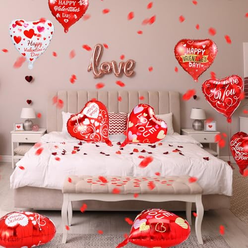 150 Pcs Valentines Day Balloons Set 18 Inch Valentine's Day Foil Balloons Red Heart Assorted Balloons with Rose Petals for Valentines Party Sweetest Day Special Night Romantic Decor