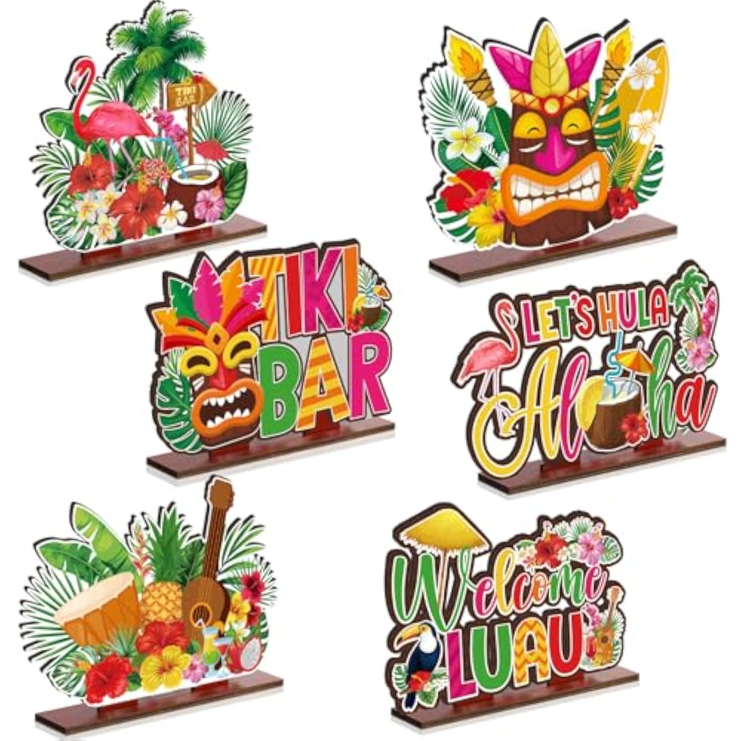 6 Pcs Luau Party Signs Tiki Table Decoration Hawaiian Decor Wooden Aloha Luau Decorations Tropical Hawaii Decor For Housewarming Tiki Bar Birthday Welcome Baby Shower Party Supplies