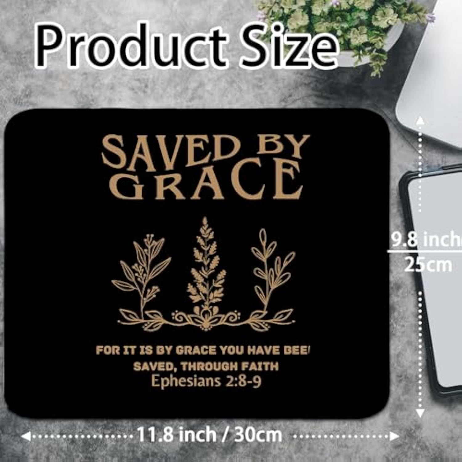 Christian Mouse Pad Bible Verses Small Mousepad, Saved By Grace Ephesians 2:8-9, Rectangle Black And Gold Travel Computer Mouse Pad For Laptop, Inspirational Christian Gifts For Women 11.8X9.8