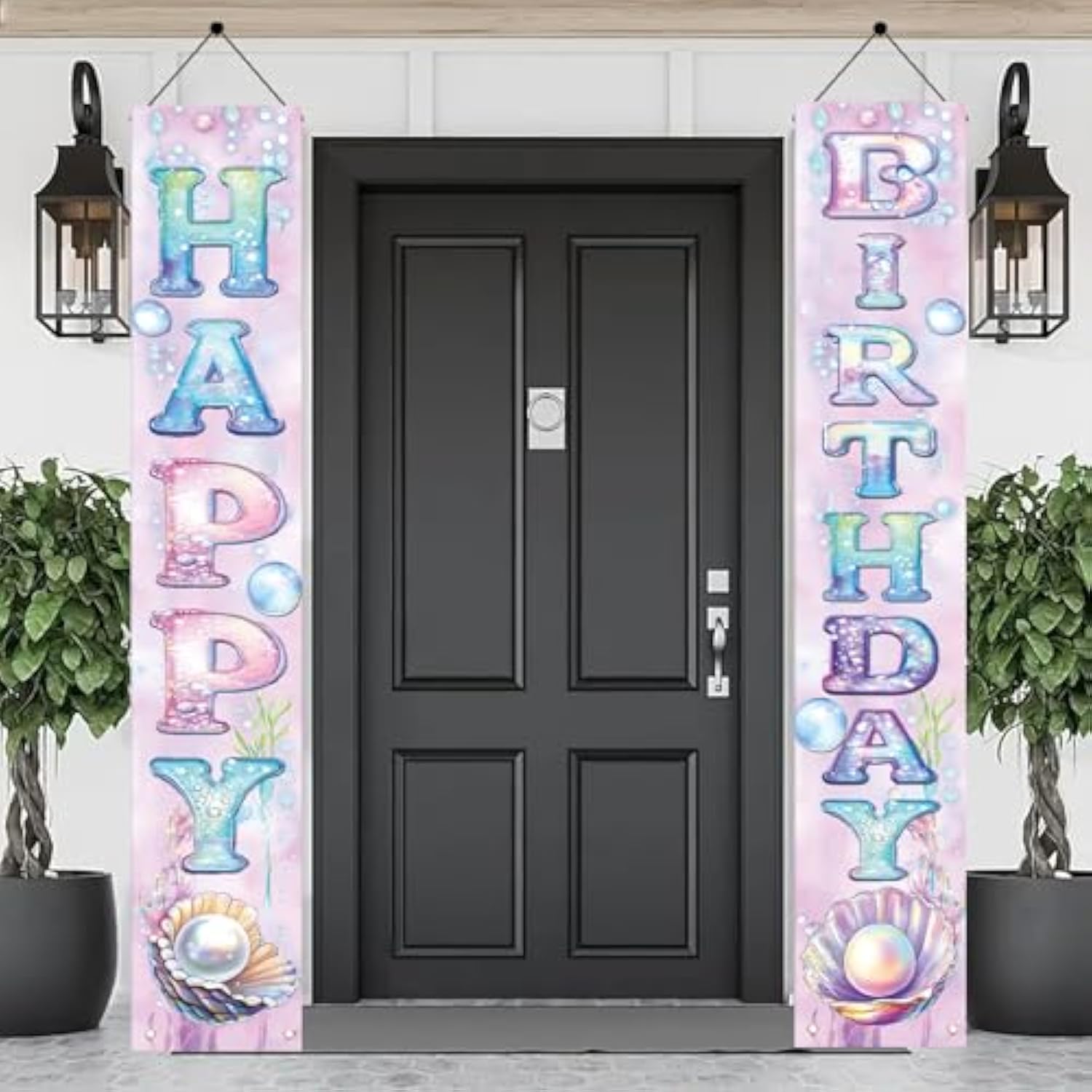 2Pcs Happy Birthday Hanging Banner Porch Sign Mermaid Seashell Decorations Birthday Front Door Wall For Girls Kids Welcome Holiday Party Supplies Children Classroom 71 X 12 Inch