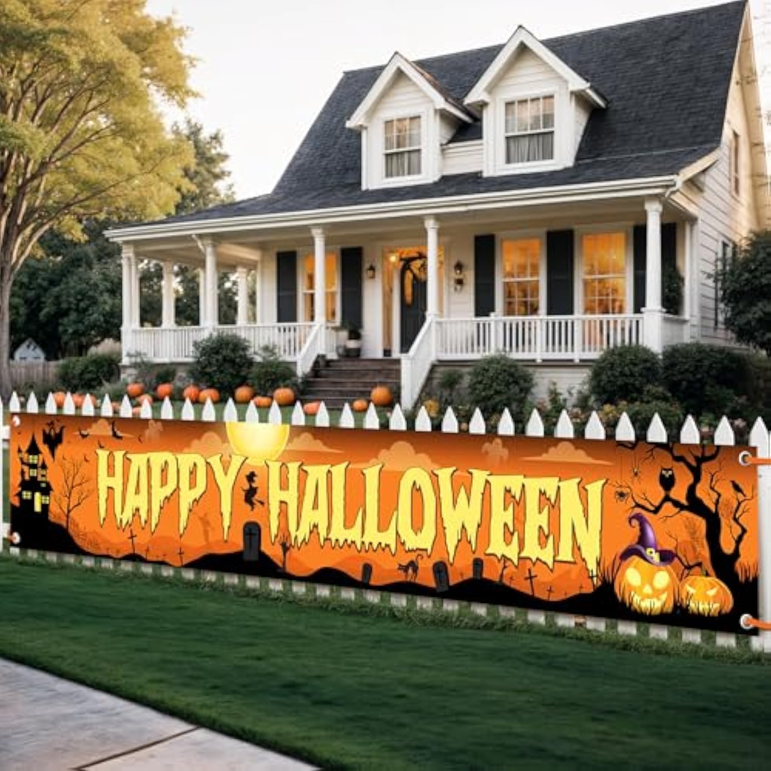 Happy Halloween Banner 120x20 Inch Orange Black Outdoor Yard Sign Party Decorations