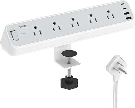 Desk Clamp Power Strip 5 Outlets 4 USB Ports 2 USB C 10FT Flat Plug Surge Protector Gray