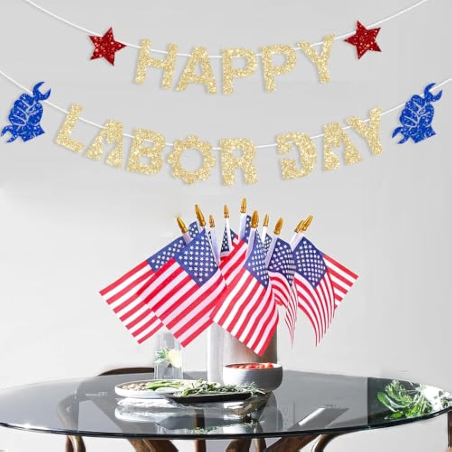 Glitter Gold Happy Labor Day Banner: USA Patriotic Home, School, & Office Decor