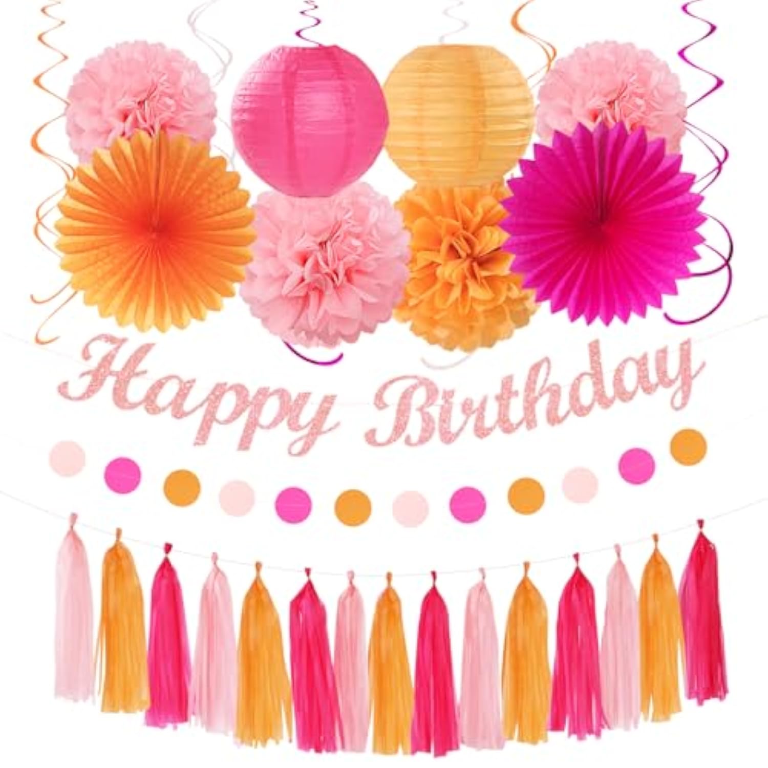 Hot-Pink Orange 21St Happy-Birthday Party-Decorations - 31Pcs Sweet 16 18Th Women Girls Paper Lanterns Streamers Banner,Tissue Pom Poms Fans Tassels Graland Decor,Fall Boho Backdrop Supplies