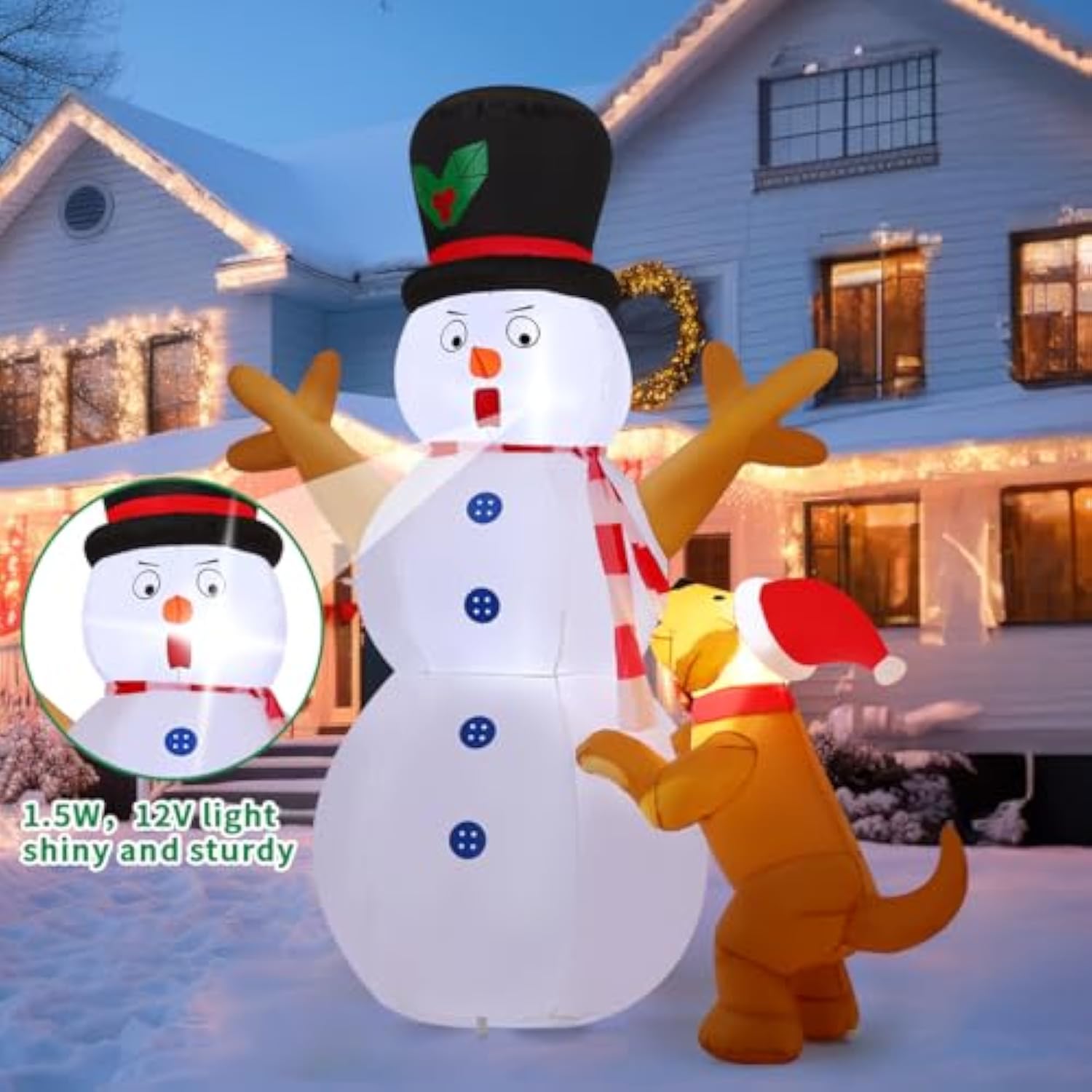6 Ft Christmas Inflatables Snowman Decorations, Outdoor Christmas Snow Man& Dog Bites Scarf Yard Xmas Blow Up With Built