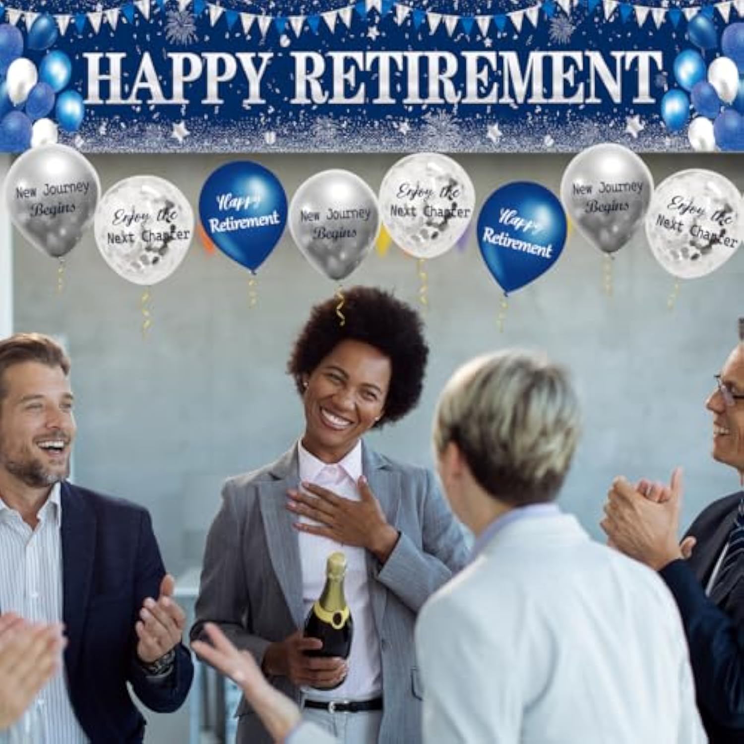 Retirement Party Decorations Blue Silver Happy Retirement Banner With 18Pcs Balloons For Men Women Large Yard Sign Decor Supplies Outdoor Indoor