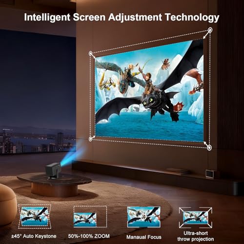 Mini Projector With Wifi And Bluetooth,4K Support 260 Ansl Smart Portable Projector,Auto Keystone, 135 Degree Rotation,Video Projector For Home, Bedroom, Outdoor