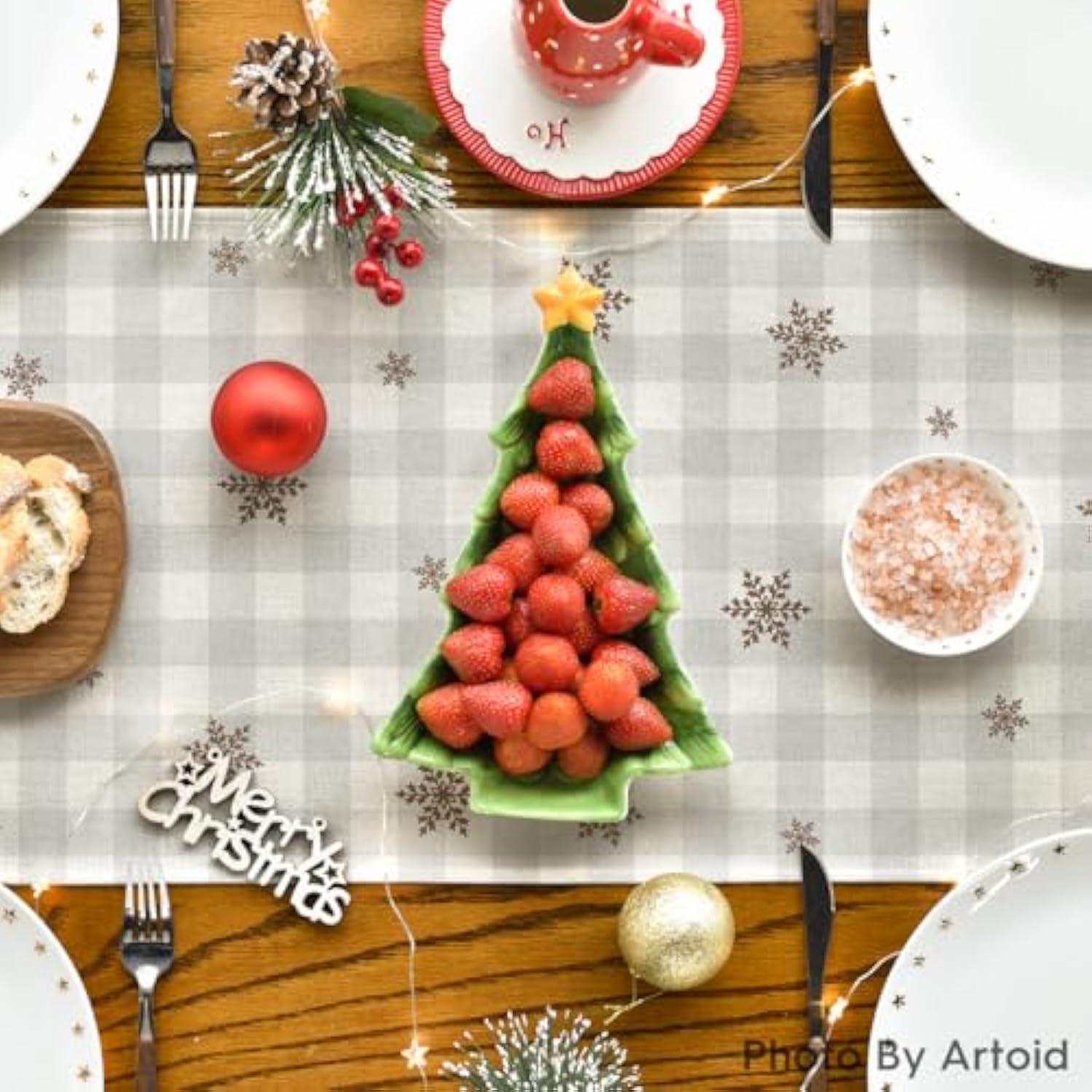 Buffalo Plaid Wood Xmas Trees Ornament Merry Christmas Table Runner, Seasonal Winter Kitchen Dining Table Decoration For Home Party Decor 13X60 Inch