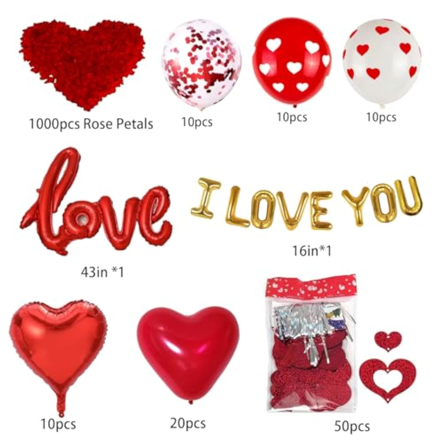 110Pcs Valentine'S Day Balloons With 1000 Pcs Silk Rose Petals I Love You Balloons 50Pcs Heart Hanging And Heart Print Balloon Set For Valentine'S Day, Wedding Party Decorations Supplies