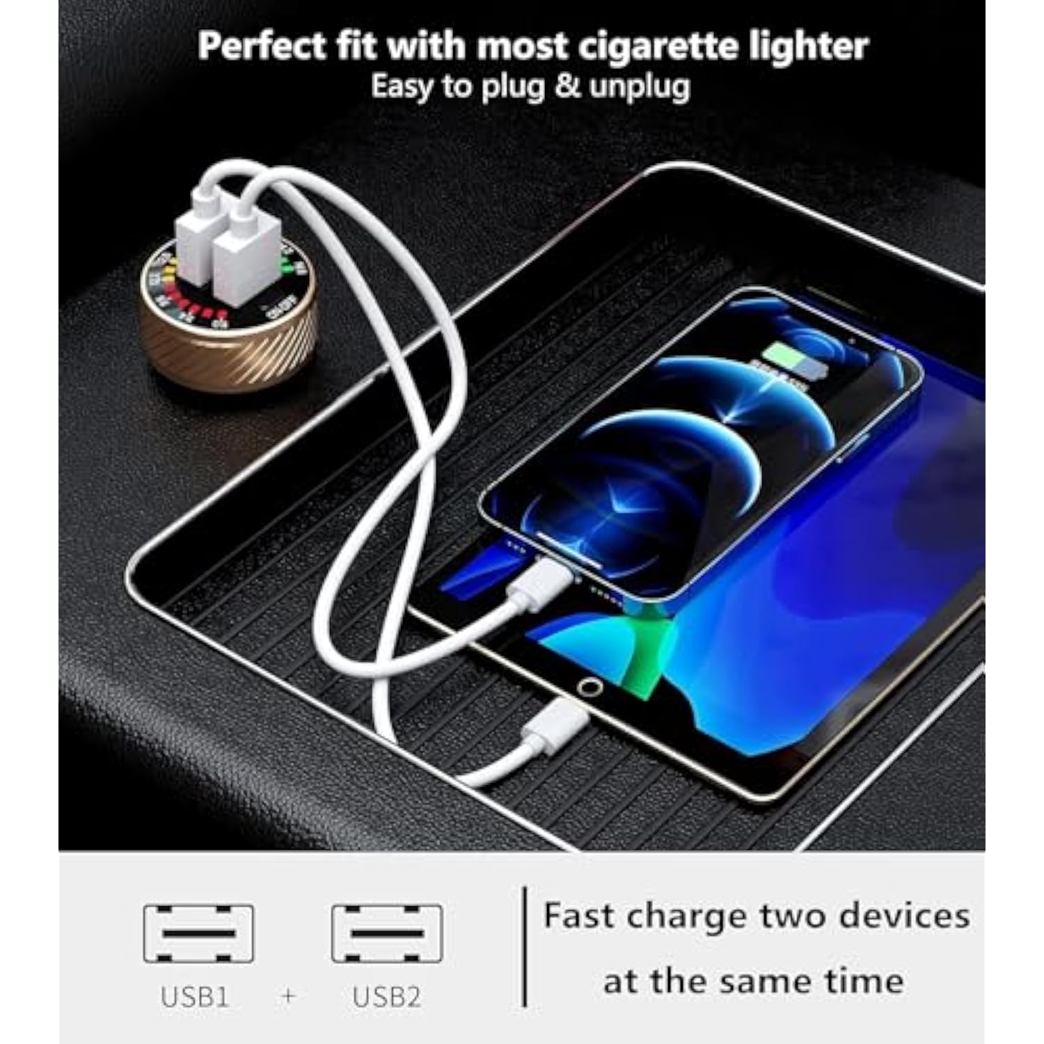 Car Charger, 36W Fast Car Charger Adapter, Dual Usb Car Fast Charge With Colorful Voltmeter & On/Off Switch