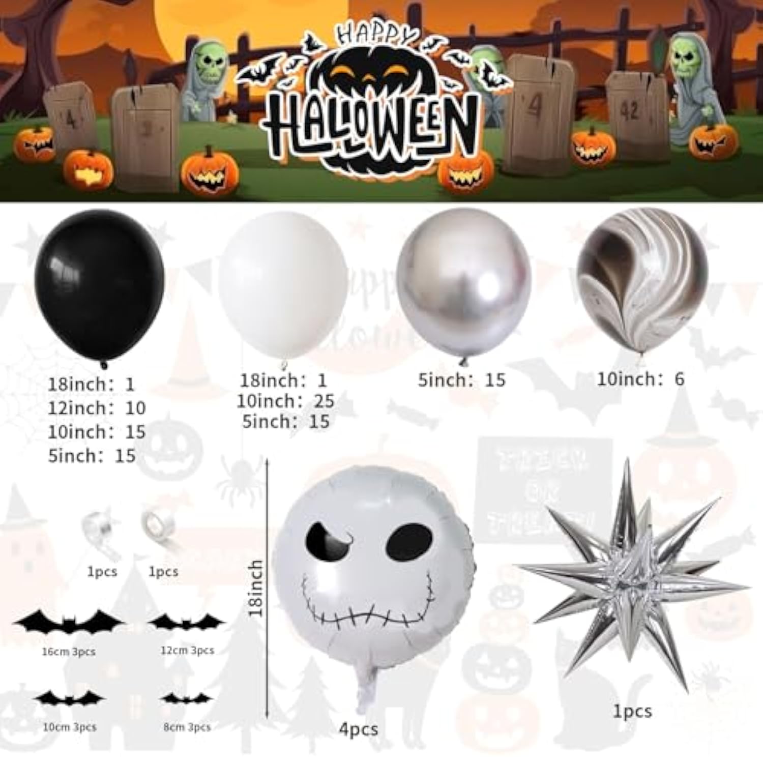 Halloween Balloon Arch Kit - Black & White Skeleton Garland with Star and Skull Foil Balloons
