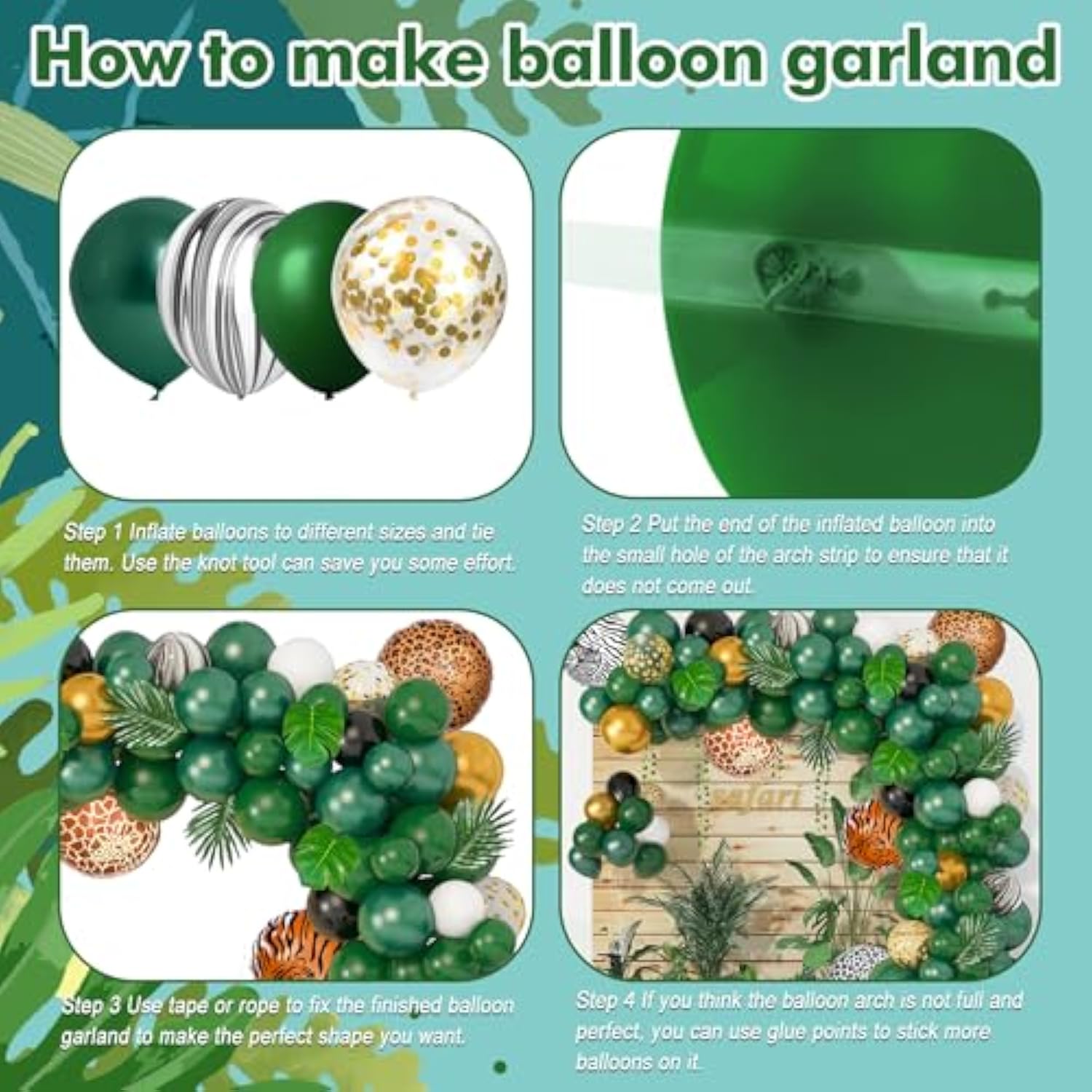 Jungle Safari Balloon Arch Kit: Green & Gold Party Garland with Palm Leaves