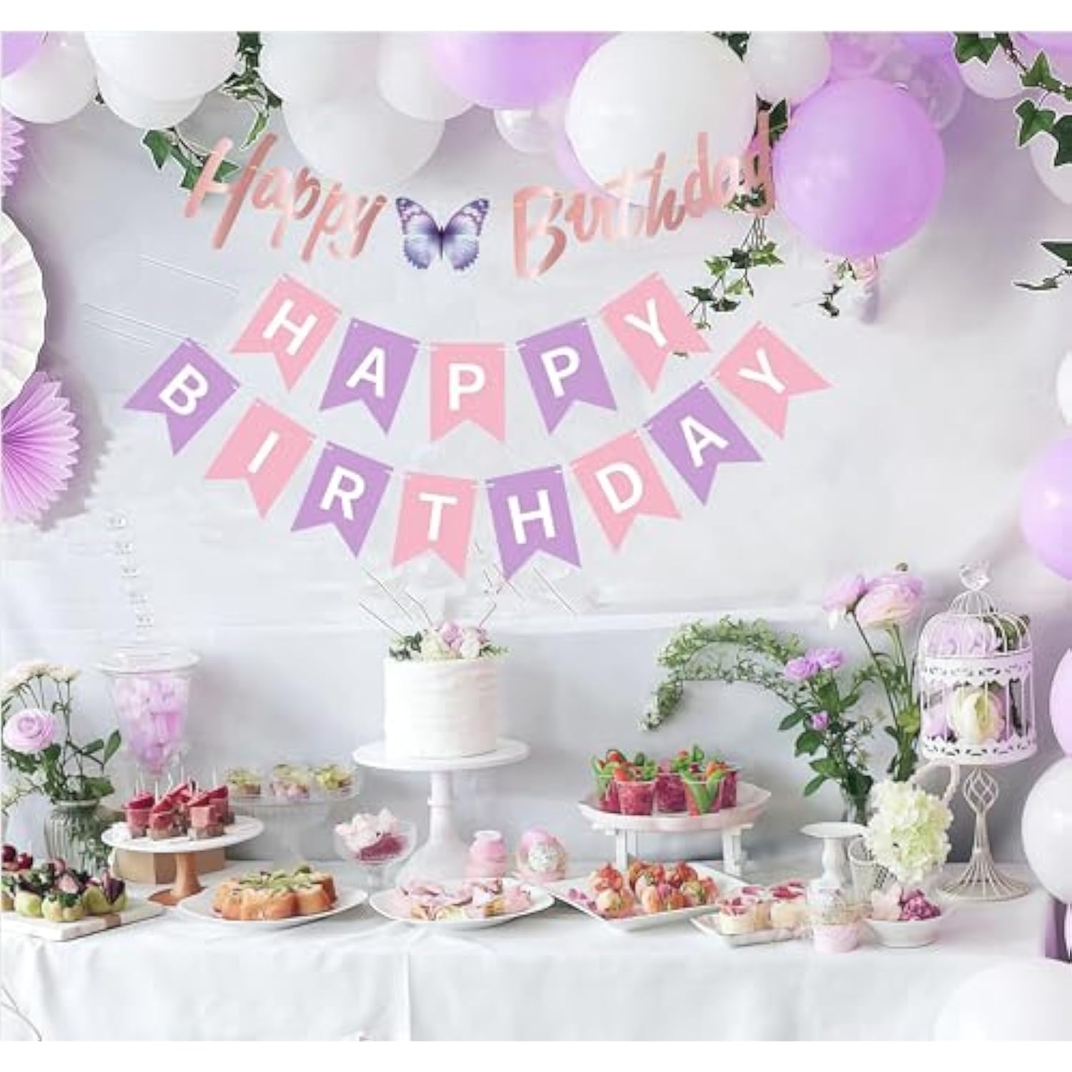 Pre-Strung Happy Birthday Banner Purple Pink Birthday Decoration For Women Girl Butterfly Birthday Party Decoration Banner Garland No Diy Happy Birthday Sign