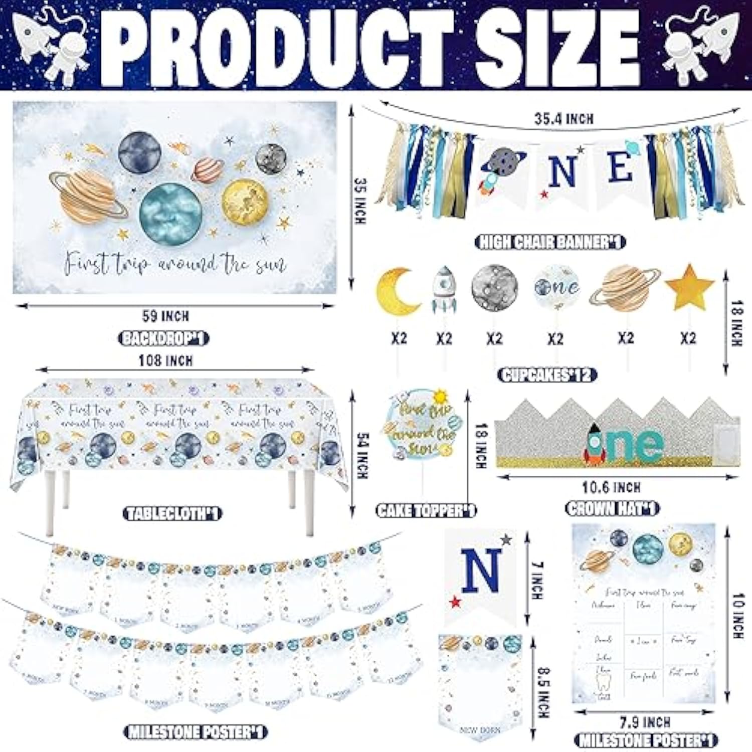 First Trip Around The Sun Birthday Party Decorations For Boy 1St Birthday Supplies First Trip Around The Sun Backdrop Balloons Garland Monthly Photo Banner Space Theme Party Decor