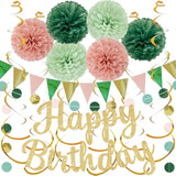 Sage Green Birthday Decorations, Banner, Pompoms, Swirls, Dots Garland, Pennant Flags