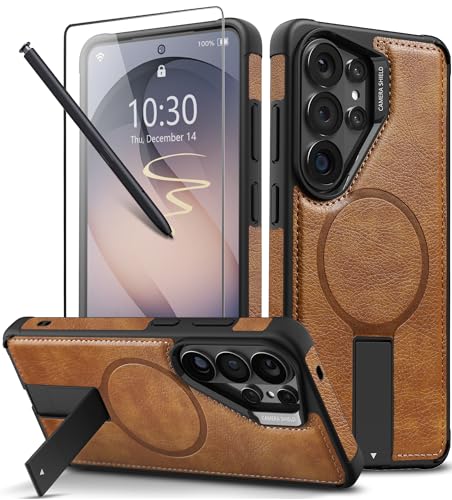 Strong Magnetic for  Galaxy S26 Ultra Case Leather,[Compatible with MagSafe], Adjustable Kickstand, Shockproof Protective Cover for