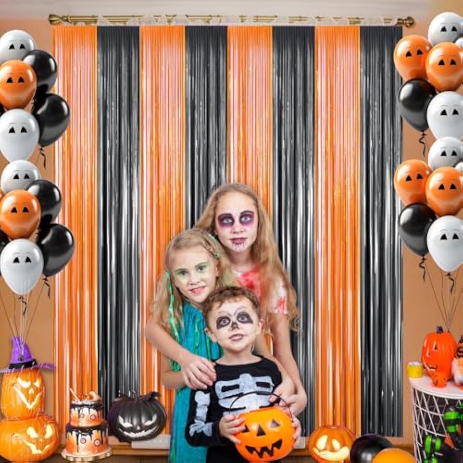 2pcs Orange Black Foil Fringe Curtains 3x8ft Backdrop for Halloween Party Decor