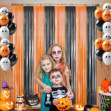2pcs Orange Black Foil Fringe Curtains 3x8ft Backdrop for Halloween Party Decor