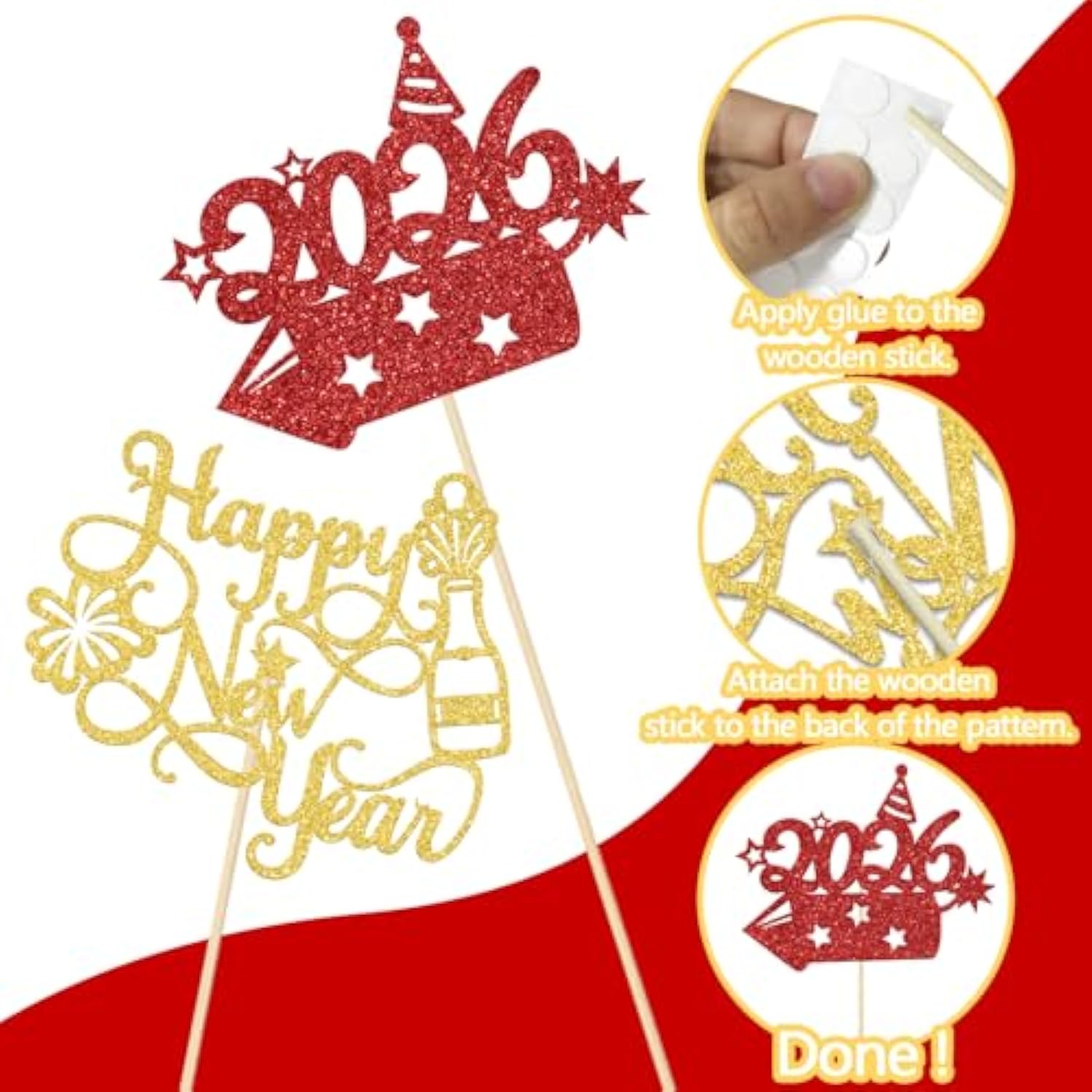 12 Pcs Gold Black Happy New Year Centerpiece Sticks Hello 2026 Goodbye 2025