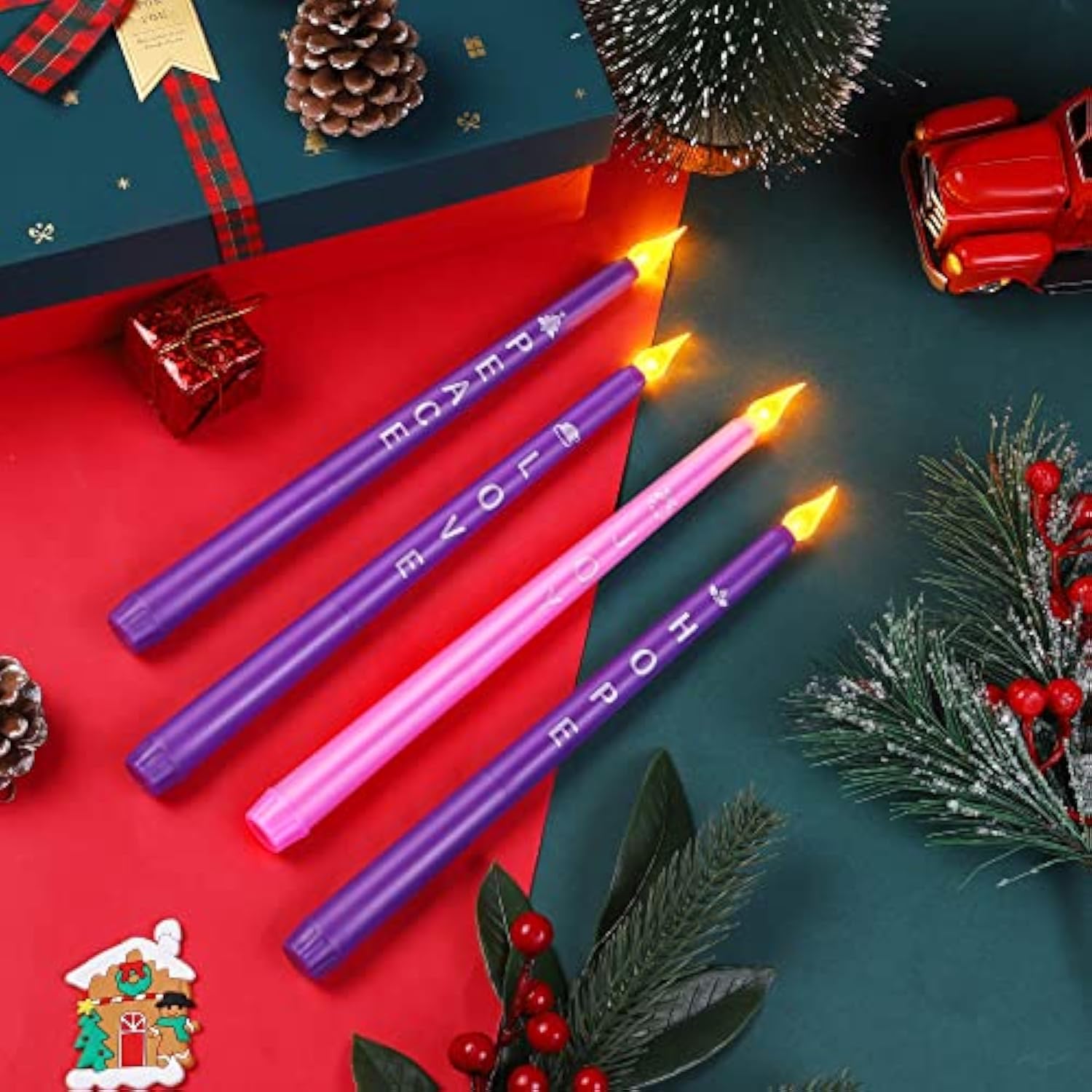 4 Pack Christmas Advent Candles With Words Flameless Advent Candle Led Taper Candles Flickering Window Celebration Candles For Christmas Wreath Advent Holiday Decor, Pink, Purple