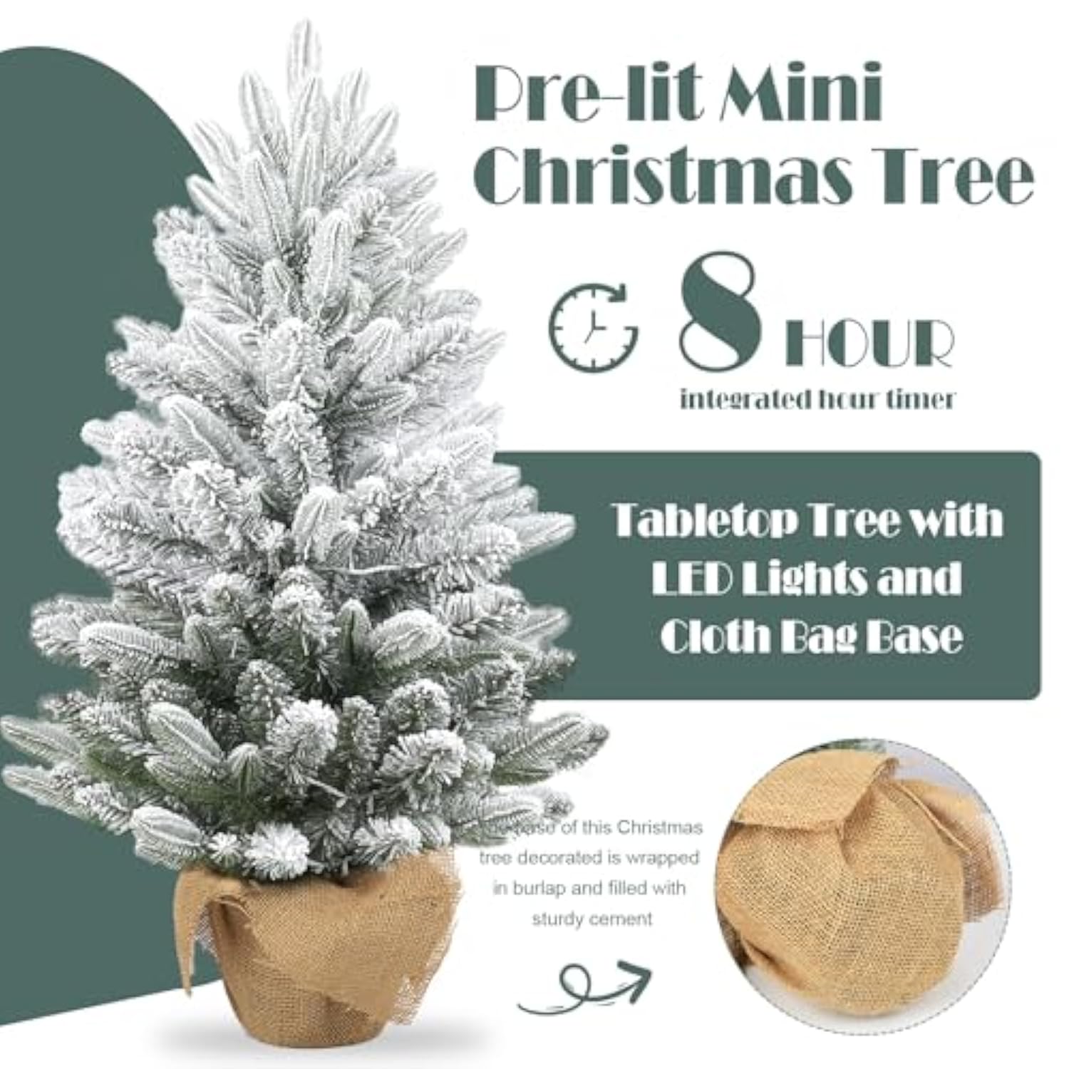 3Ft Flocked Prelit Christmas Tree With 60 Led Lights & 8 Lighting Modes, Small Battery Powered Tabletop Xmas Tree For Indoor Holiday Décor, Mini Artificial Snow Tree With Burlap Base
