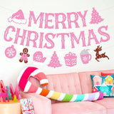 Merry Christmas Banner Glitter Pink Christmas Party Garland Merry Christmas Gingerbread Snowflake Santa Claus Hot Chocolate Winter Holiday Theme Xmas Pink Party Supplies Glitter Decoration