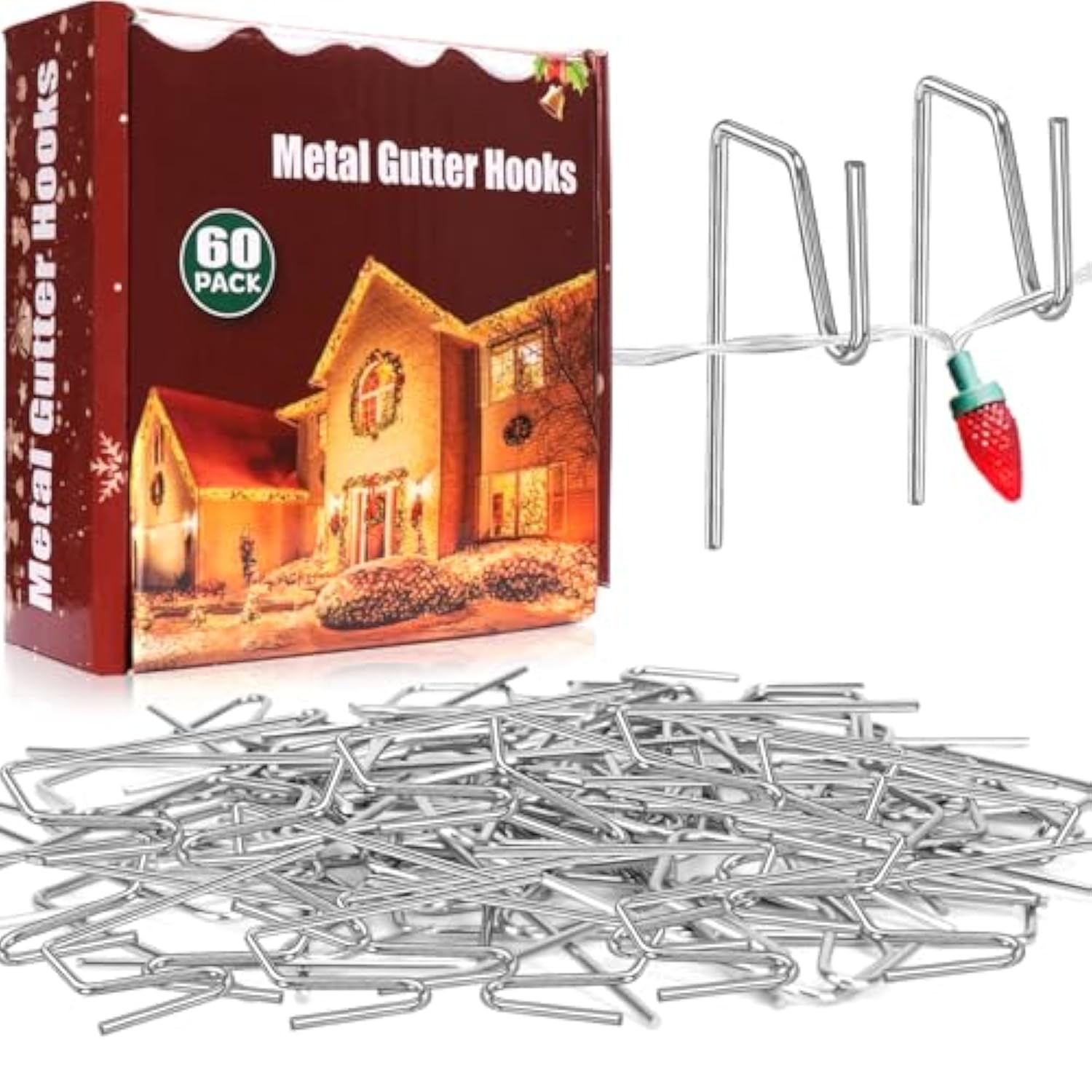 60 Metal Gutter Hooks - Weatherproof Christmas Light Clips For Outdoor Holiday Lights