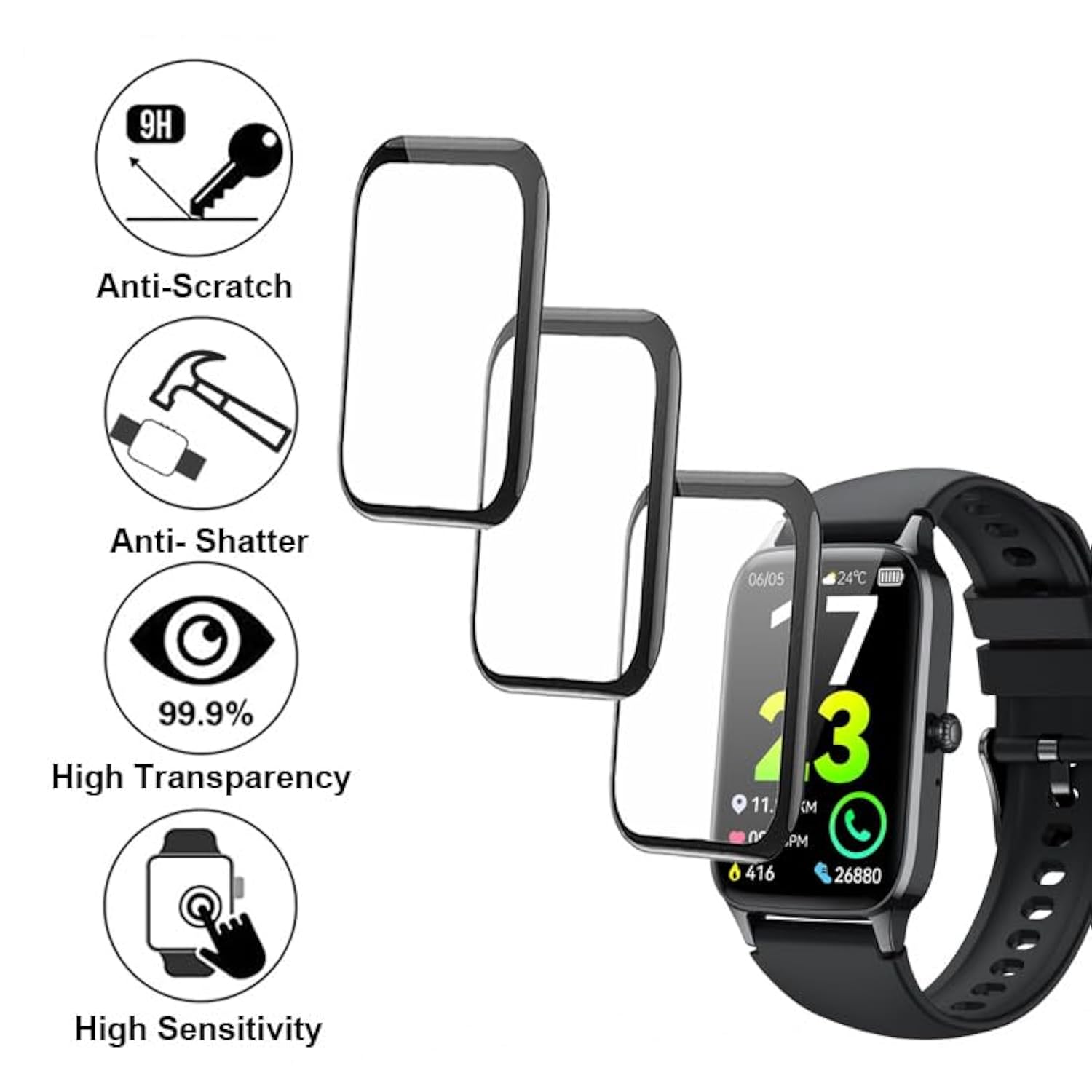 3D Screen Protector Compatible With P97 1.57 Inches Soudorv Fitness Tracker Smartwatch, Pmma, Full Coverage, 3 Pieces