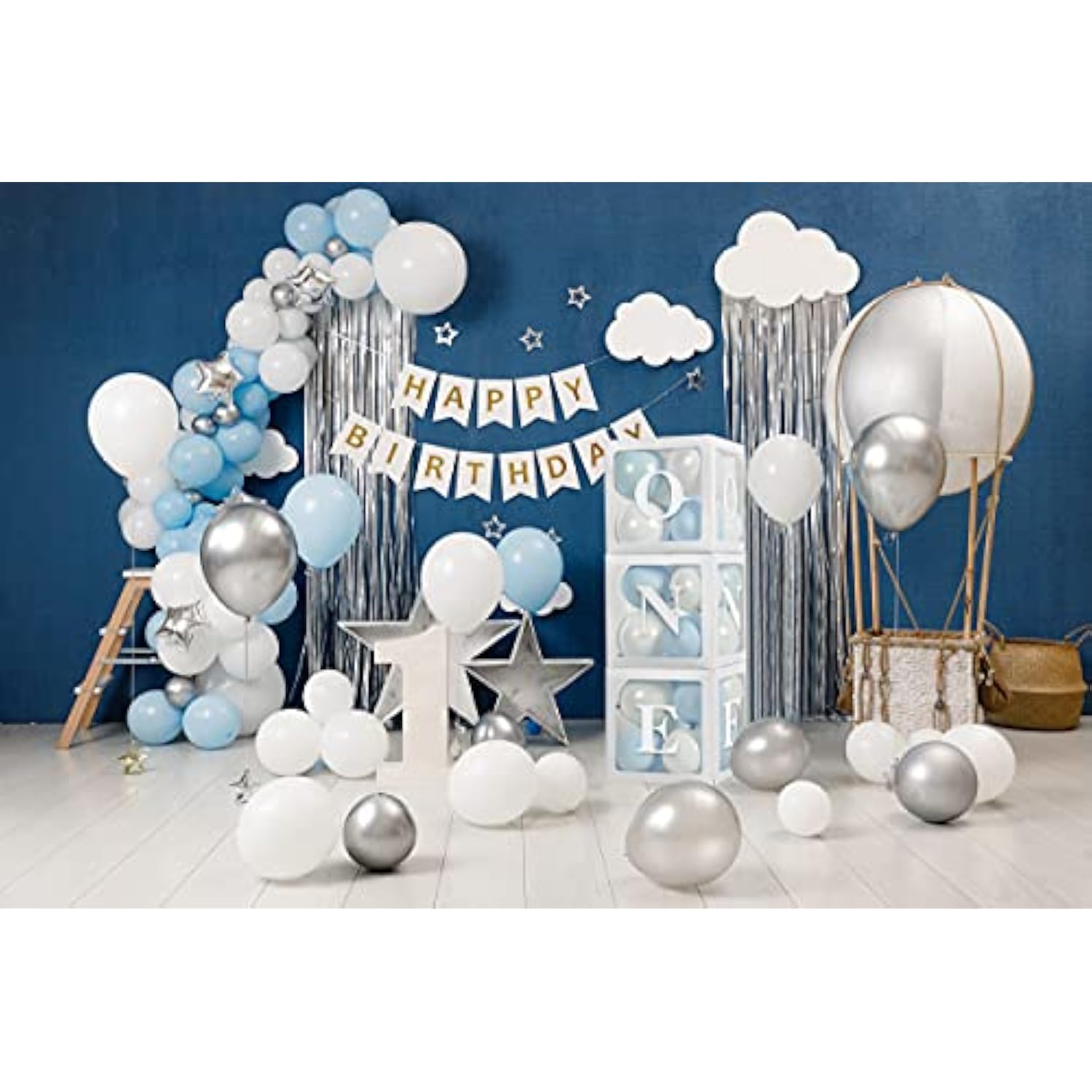 Baby Boy First Birthday Party Decorations 'One' Letters Individual Three White Transparent Square Boxes With 24 Balloons Decor For 1 Year Old Baby Birthday Party Decor Backdrop Favors
