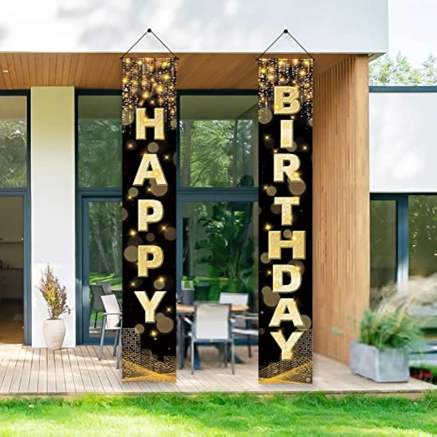 Happy Birthday Decorations Banner For Men, Women, Boys & Girls - Black & Gold Birthday Porch Sign & Party Supplies Background - 72 X 12 Inch