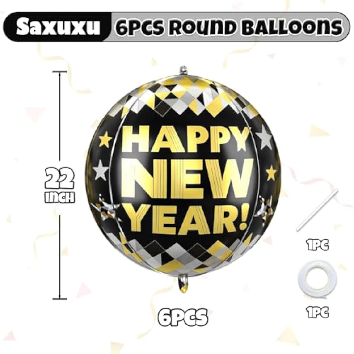 6pc Jumbo 22-Inch "Happy New Year" Balloons Black & Gold 2026 Foils