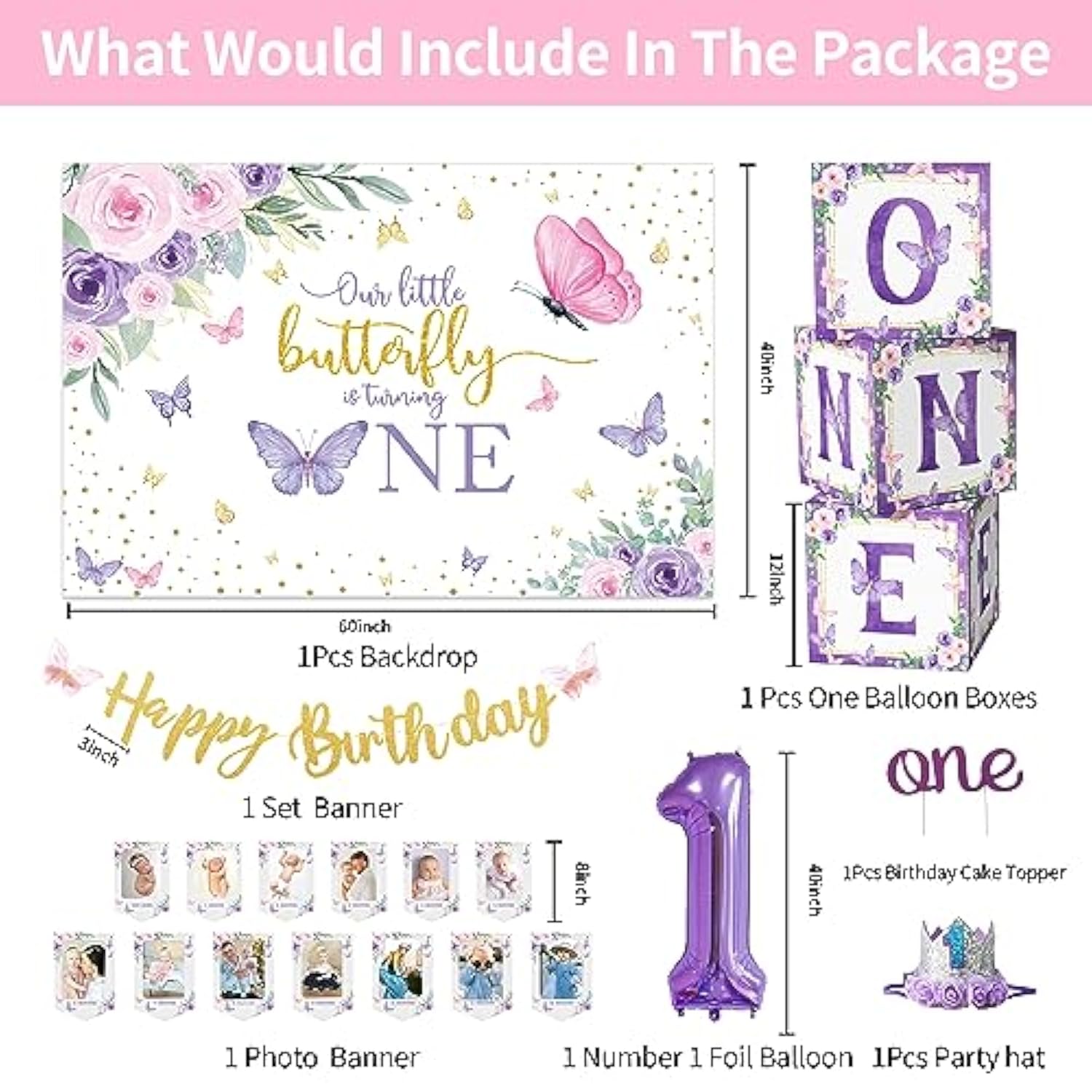 Butterfly First Birthday Decorations Girl - Butterfly 1St Birthday Party Supplies, Include Balloon Arch, Backdrop, Balloon Box, Highchair Banner, Hat, Photo Banner