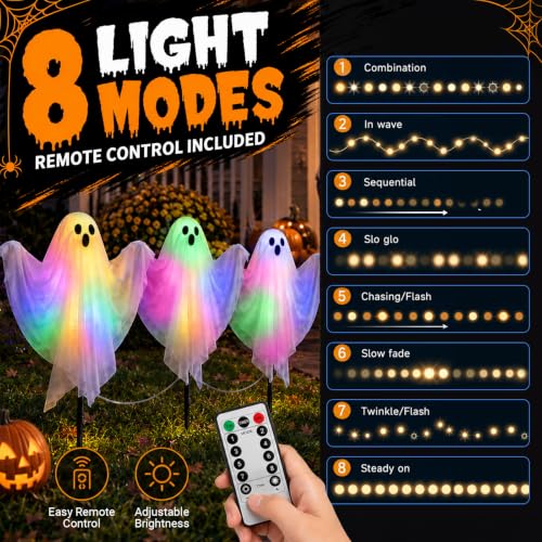 3 Pcs Halloween Lighted Ghost Stakes with Remote Control & Timer, 17.7 inch Glowing Ghost Yard Decorations, LED Outdoor Ghost Pathway Lights, Spooky Lawn Stake Decor for Halloween Yard, Garden,Party