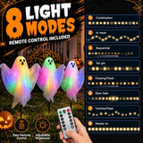 3 Pcs Halloween Lighted Ghost Stakes with Remote Control & Timer, 17.7 inch Glowing Ghost Yard Decorations, LED Outdoor Ghost Pathway Lights, Spooky Lawn Stake Decor for Halloween Yard, Garden,Party