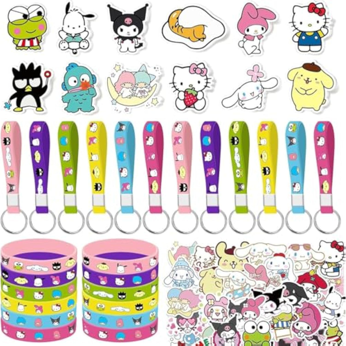 86Pcs Kitty Birthday Party Decorations Set Included 12 Bracelets, 12 Acrylic Pins, 12 Keychains, 50 Stickers, For Boys And Girls Cartoon Theme Party