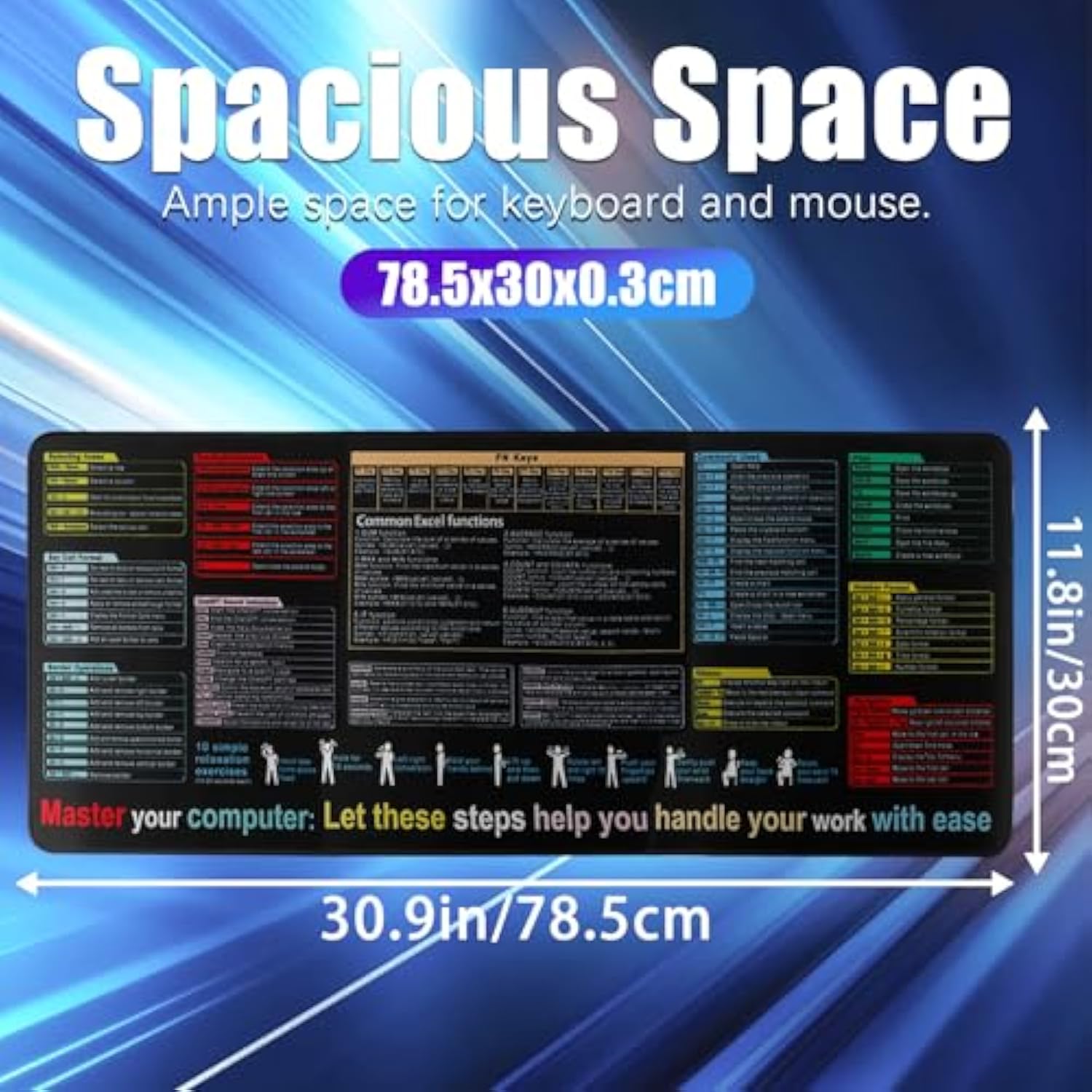 Excel Cheat Sheet Desk Pad, 31.5" X 11.8" Waterproof Mouse Pad Gaming Desk Mat, Office Keyboard Pad For Computer Gaming Office (31.5" X 11.8")