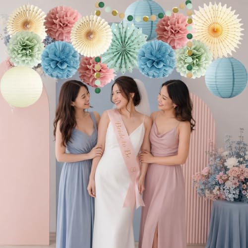 Dusty Rose Pink and Blue Party Decorations Dusty Blue Paper Lantern Sage Green Tissue Pom Poms Beige Paper Fans Circle Dot Garlands for Retro Gender Reveal Baby Shower Birthday Bridal Party Decoration