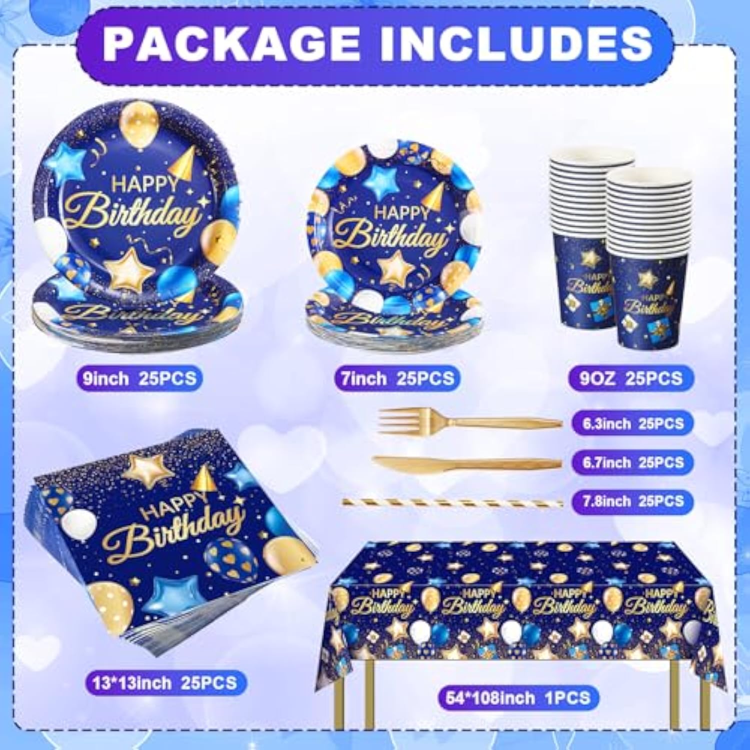 176 Pcs Navy Blue And Gold Birthday Tableware Set Birthday Decoration Includes Tablecloth Paper Plates Napkins Paper Cups Forks Knifes And Straws For 25 Guests Party Supplies (Fashion)