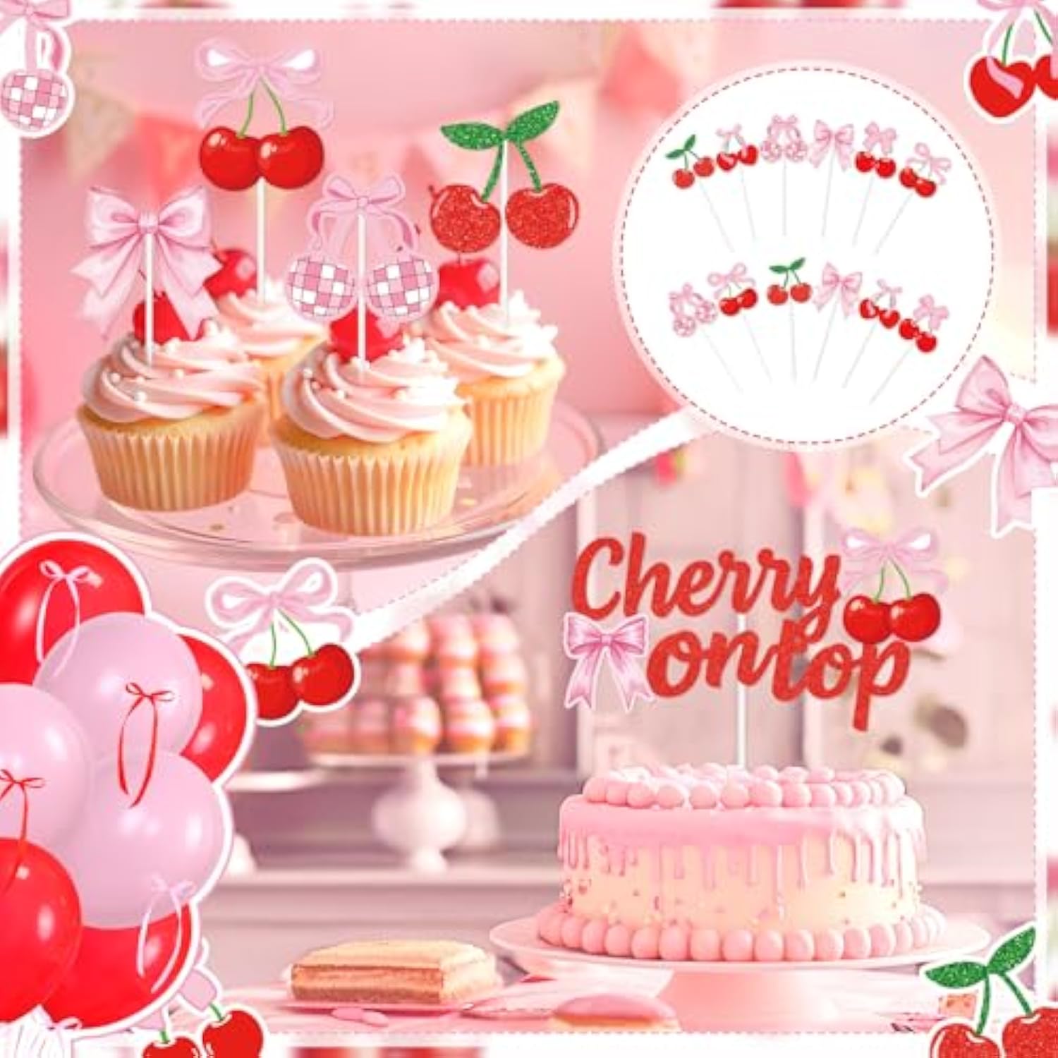 Cherry Party Decorations,She'S The Cherry On Top Theme Banner,Summer Fruit Cherries Party Supplies Cake Topper Latex Balloons For Birthday Baby Shower Valentine'S Day Wedding Bridal Shower
