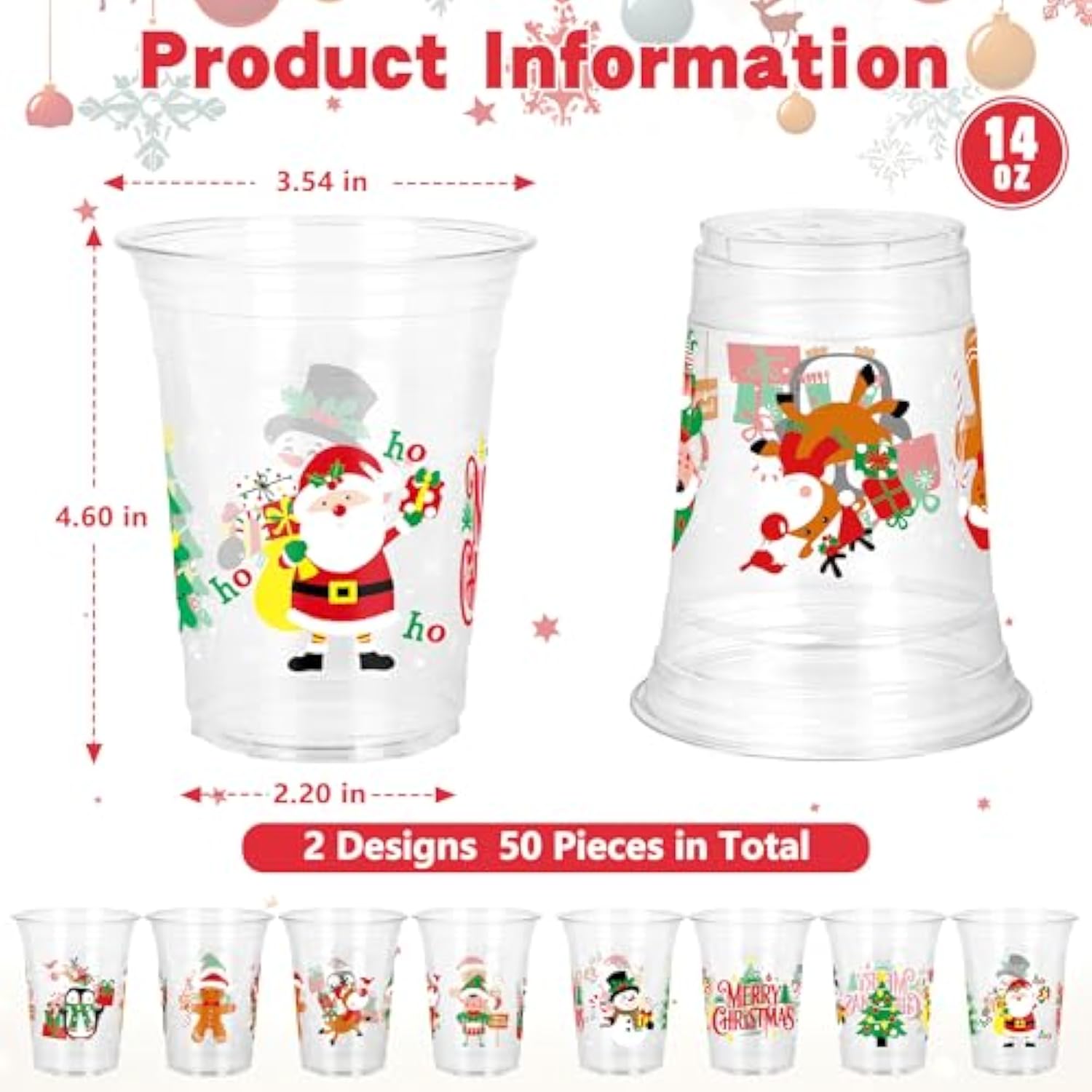 50 Pcs Plastic Christmas Cups, 14 Oz Christmas Cups Disposable Xmas Decorations,Santa Reindeer Snow Drinkware For Beer, Coffee And Wine, Clear Drinking Cup For Winter Holiday Xmas Party Supplies